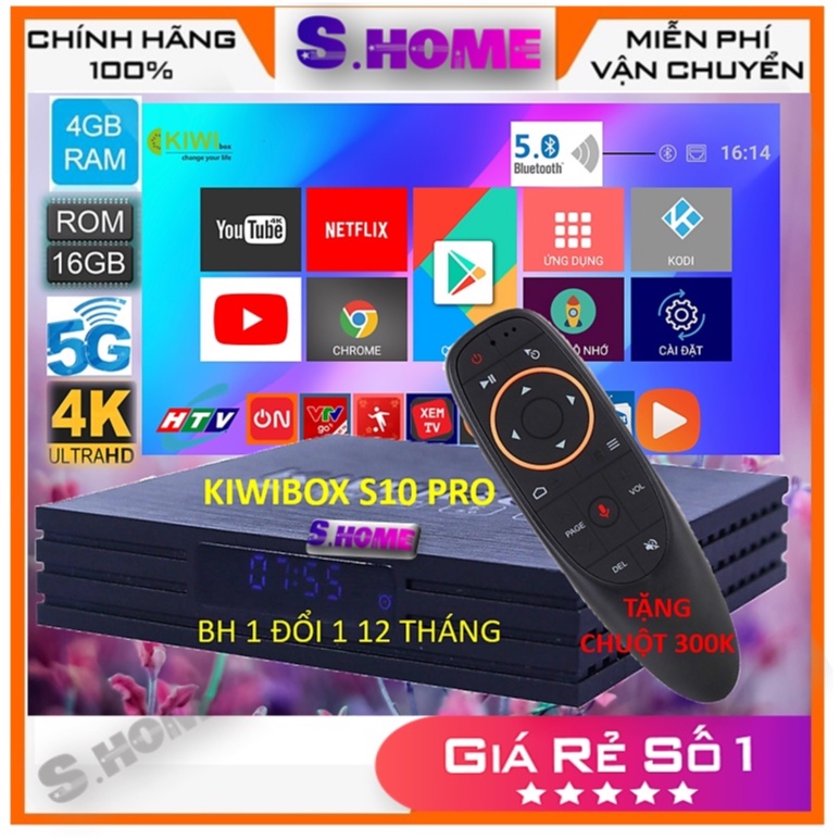 Android Kiwibox S10 Pro có ĐK giọng nói G10S TV Box - Ram 4GB Rom 16Gb, Android 10, cấu hình cực mạnh- Hàng Chính Hãng