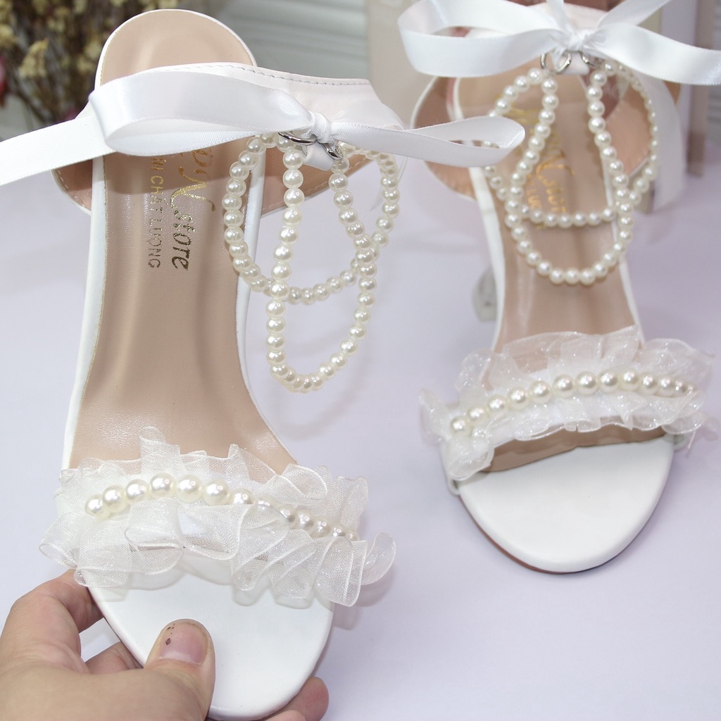 Giày cao gót trong 9p kết nơ quai ren chuỗi cột nơ sau gót vòng cổ hạt châu SD85