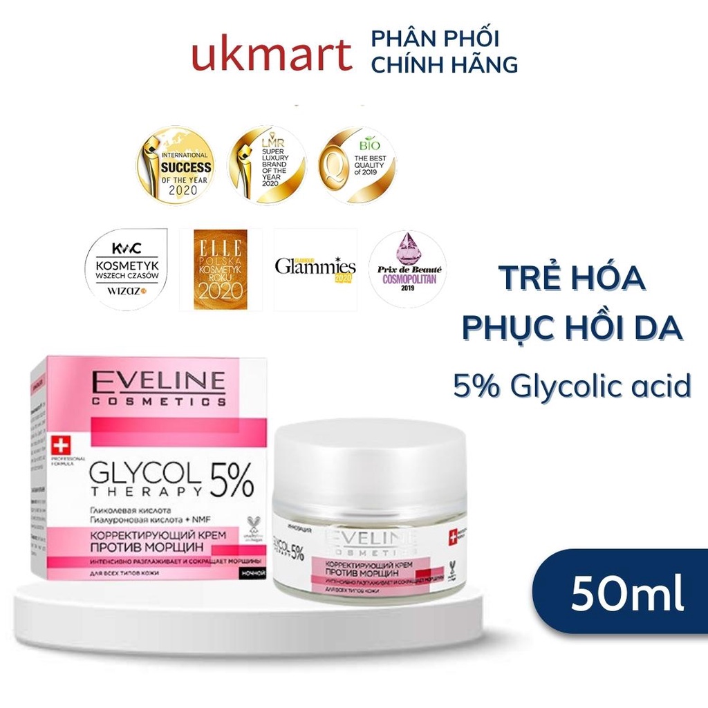 Kem Dưỡng Eveline Glycol Therapy 5% Anti Wrinkle Correcting Cream 50ml Trẻ Hoá Phục Hồi Da Với 5% Glycolic Acid