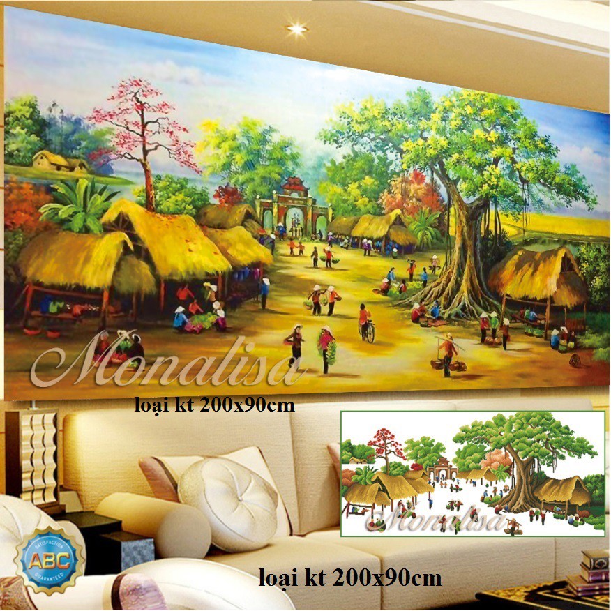 tranh đính đá cao cấp phong cảnh chợ làng quê việt nam thời xưa kt 200x90cm  | Shopee Việt Nam