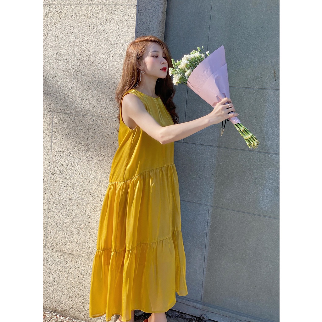 Đầm maxi suông dáng dài thiết kế tầng sang chảnh cao cấp lụa organza vàng/ cafe Joven | BigBuy360 - bigbuy360.vn