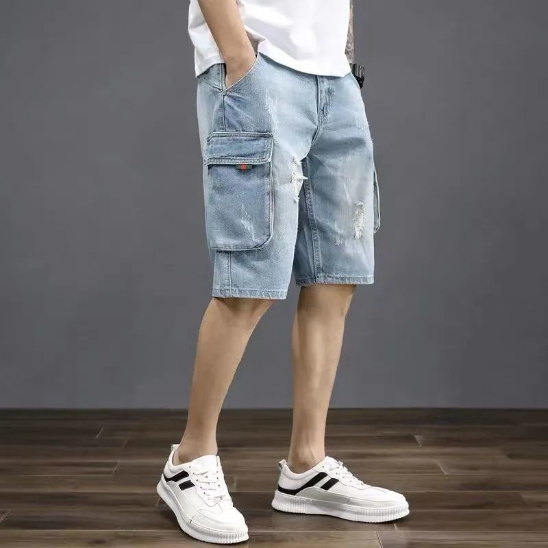 Quần Short Denim Ống Rộng Nhiều Túi Phong Cách Nhật Bản Dành Cho Nam