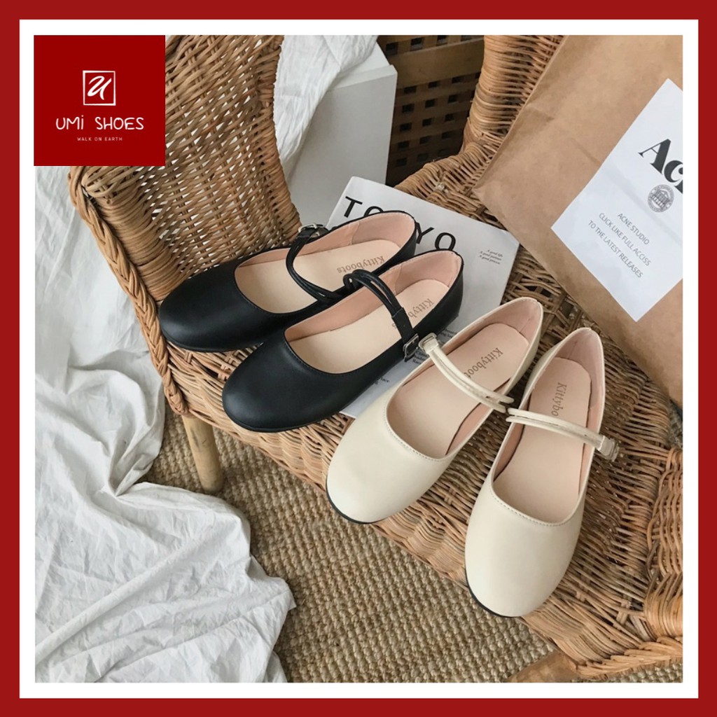 [NOWSHIP HN] Giày búp bê nữ ulzzang đẹp thời trang mũi tròn đế bệt da mềm đơn giản quai cài ngang màu đen/be mới xinh