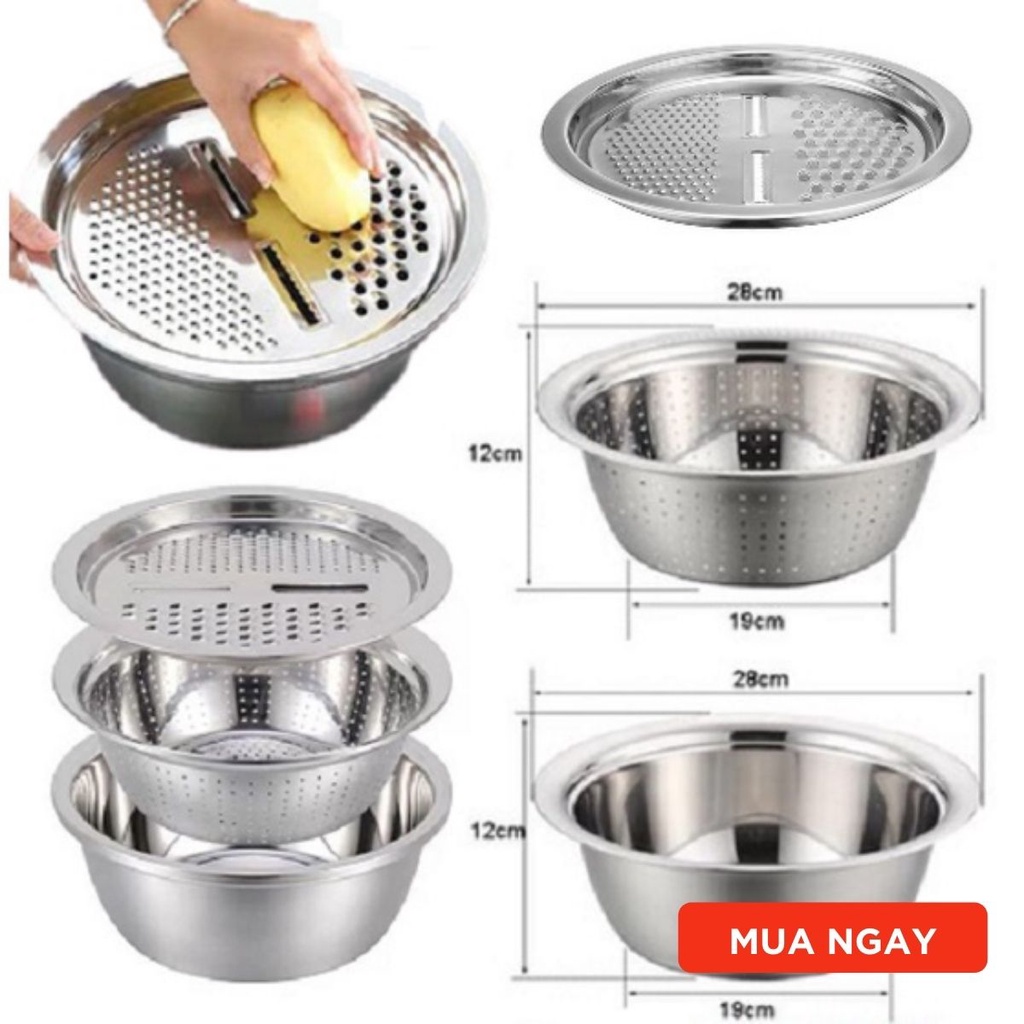 Bộ thau rổ bào cắt rau củ ba món kèm chậu inox 304 không gỉ nhiều chức năng cao cấp tiện lợi - An toàn cho sức khỏe