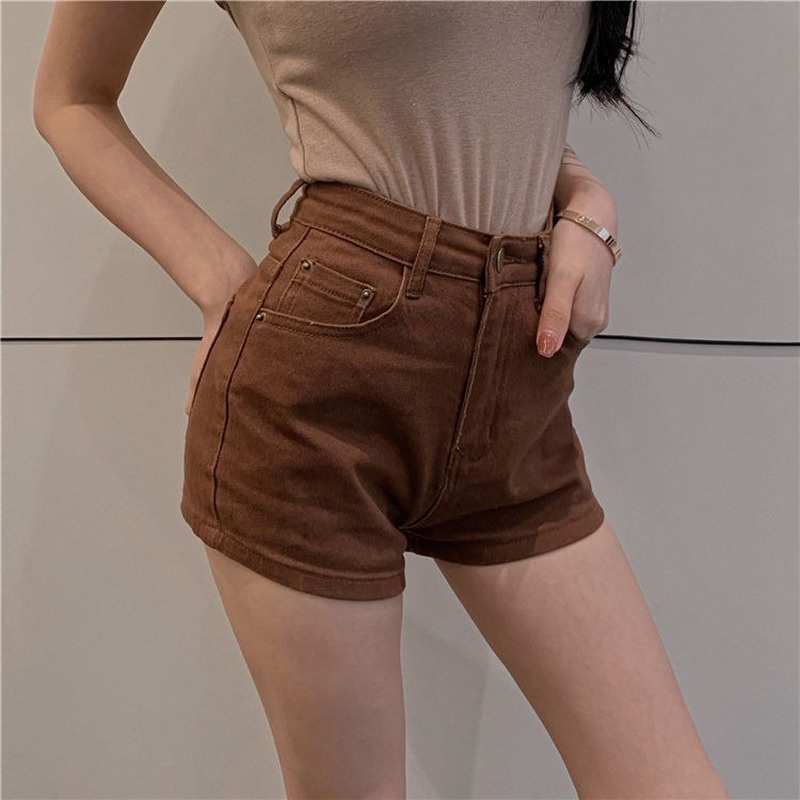 Quần Short Denim Màu Nâu Caramel Lưng Cao Dáng Ôm Gợi Cảm Phong Cách Hàn Quốc Cho Nữ
