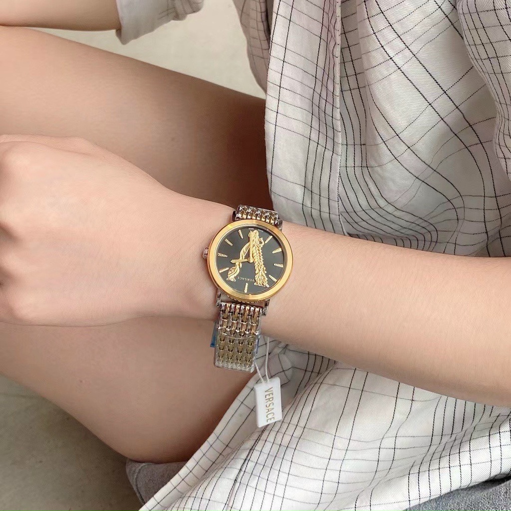 Đồng hồ nữ Versace gold 35mm máy Swiss quartz, mẫu mặt tròn viền vàng, dây thép không gỉ
