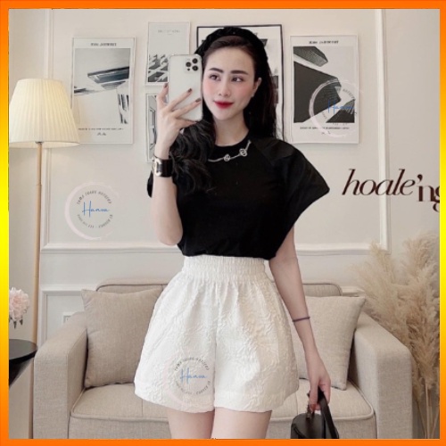 Quần Short Nữ In Hoa Nổi Cạp Chun Bản To Dáng Phồng Điệu Đà Sang Chảnh Có Túi Bên Hông Hanva