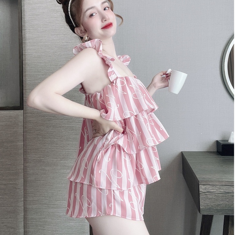 Đồ Ngủ 2 Dây, Đồ Ngủ Sexy 3 Tầng Chất Lụa Mango Quần Có Túi Mặc Ngủ Mát Mẻ Freesize Dưới 58kg - Linqustore