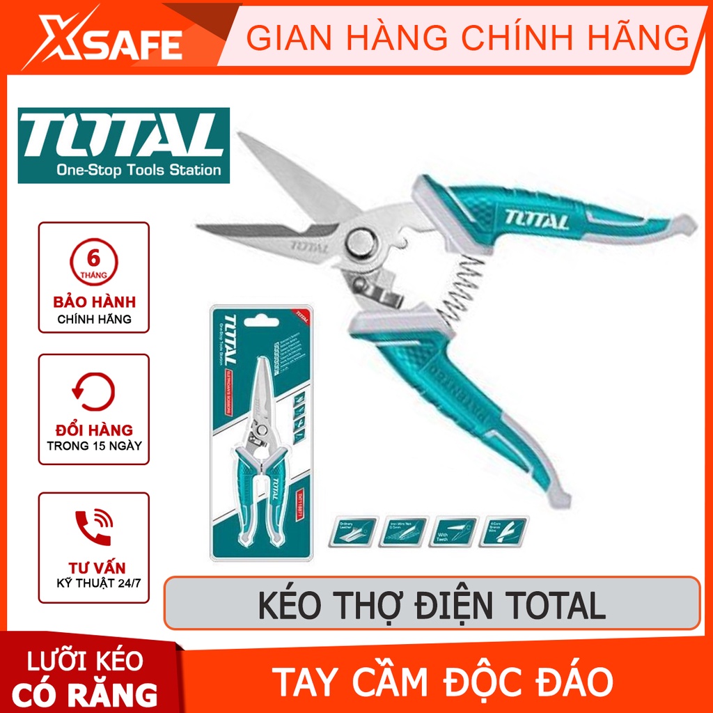 Kéo thợ điện TOTAL THT118871 | kéo mini cho thợ điện kích thước 200mm (8&quot;) chất liệu thép không gỉ lưỡi kéo có răng cắt