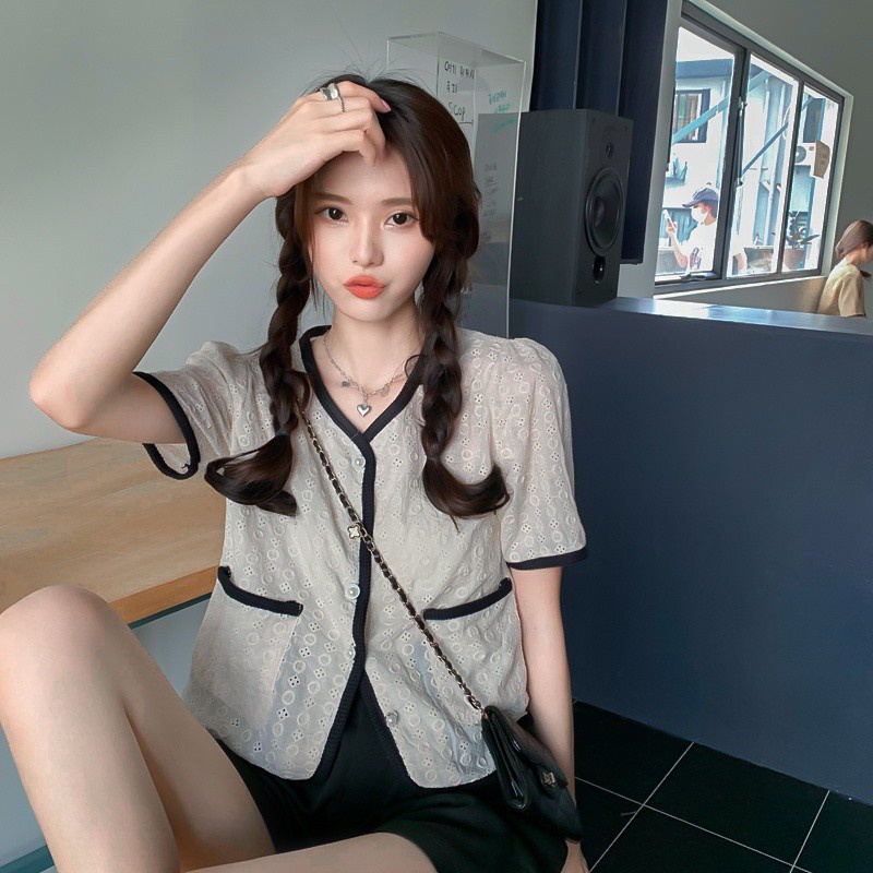Áo sơ mi tay ngắn thêu họa tiết xinh xắn phong cách Hàn Quốc thời trang cho nữ