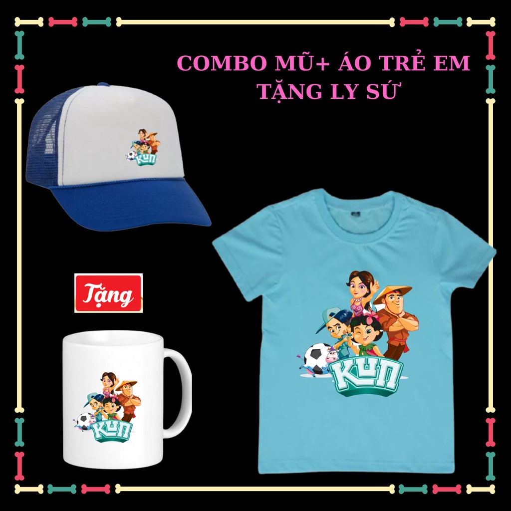 COMBO Mũ lưỡi trai Kun+Áo sữa Kun Áo Gia đình nông trại siêu phàm cho trẻ em-Có size áo người lớn-Tặng Ly sứ Kun cho bé