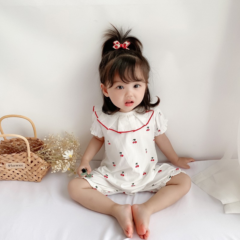 Cho bé bodysuit ngắn tay mùa hè mỏng Búp Bê Cổ Cherry 0-1 tuổi bé gái quần áo quần áo mặc bên ngoài