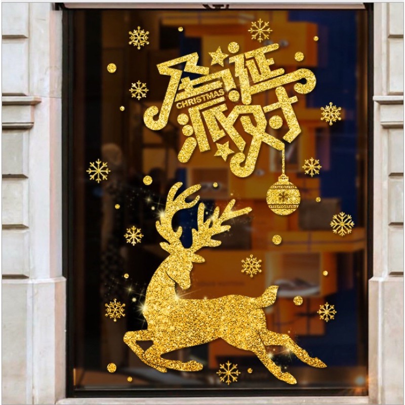 Decal trang trí Noel - Tuần lộc nhũ kim tuyến chúc giáng sinh vui vẻ