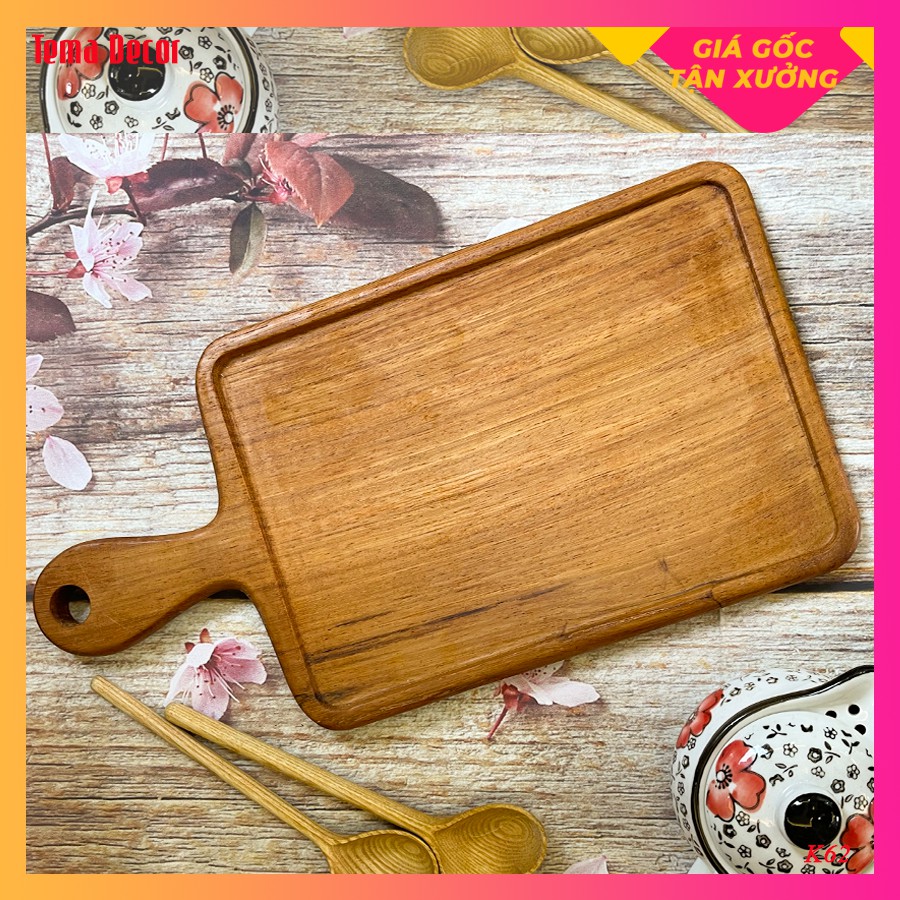 Khay gỗ decor Tema - Khay gỗ đựng đồ ăn gỗ đỏ hình chữ nhật có tay cầm tiện dụng