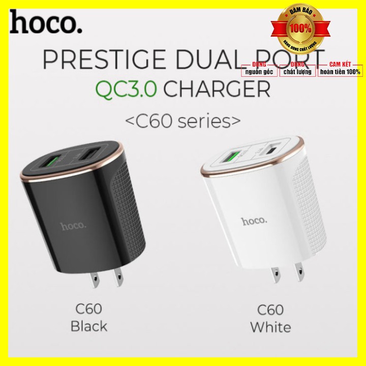 Củ sạc nhanh tích hợp 2 cổng USB Quick Charge 3.0 nhãn hiệu Hoco C60 công suất 18W - Bảo hành 6 tháng