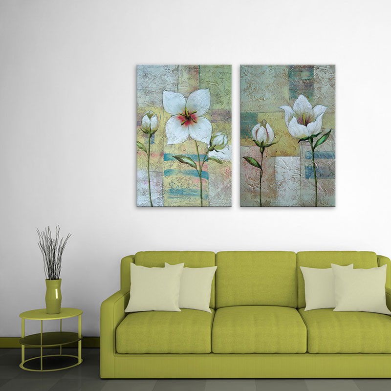 Bộ 2 tranh hoa lá màu trắng phong cách bột màu, canvas/ ép gỗ, tranh in cao cấp – W1627