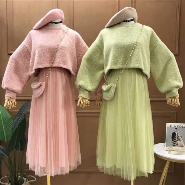 Set 3 món áo dạ kèm túi kèm váy 2 dây