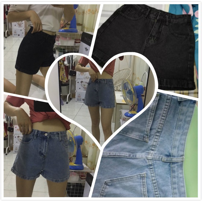 Quần Short Denim Lưng Cao Ống Rộng Phong Cách Retro