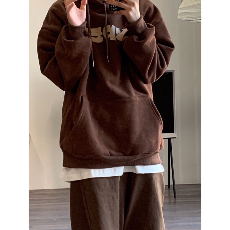 ÁO HOODIE màu nâu in chữ - Áo dày dặn siêu xinh