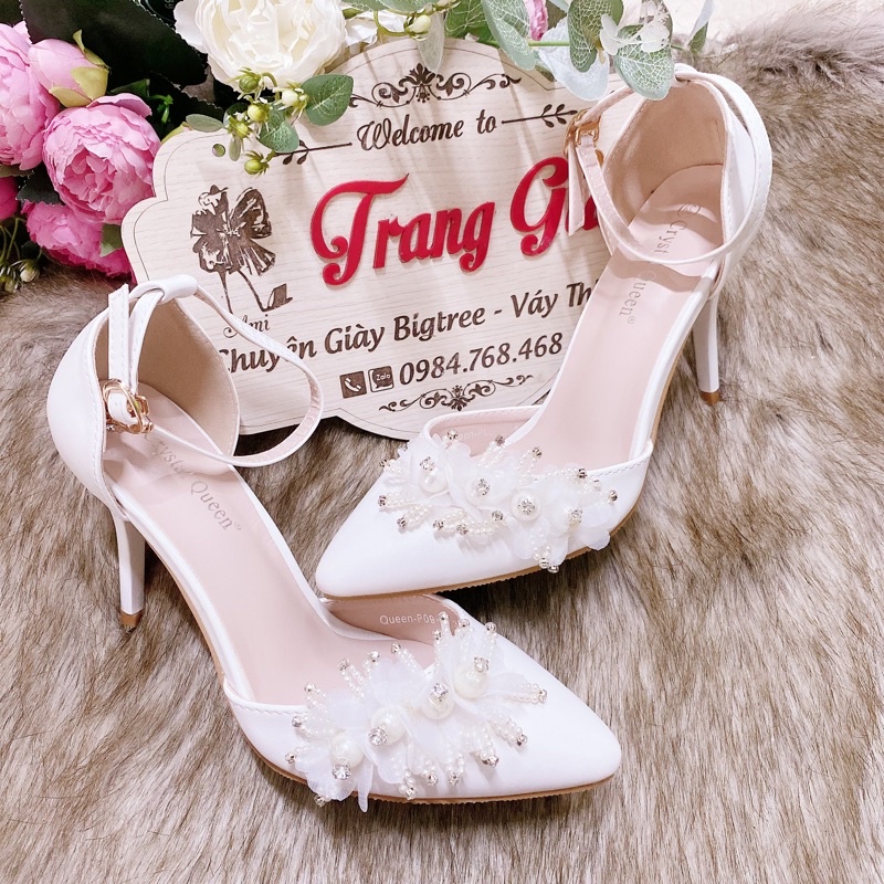 GIÀY CƯỚI THIẾT KẾ HOA NGỌC HANDMADE CÓ QUAI CÓ SẴN (là mẫu tkế thủ công vui lòng chắc chắn trước khi đặt hàng)