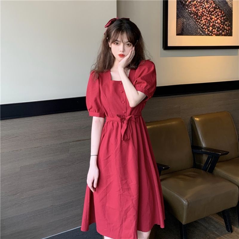 Đầm tay ngắn cổ vuông dáng chữ A phong cách Hàn Quốc thời trang mùa hè mới