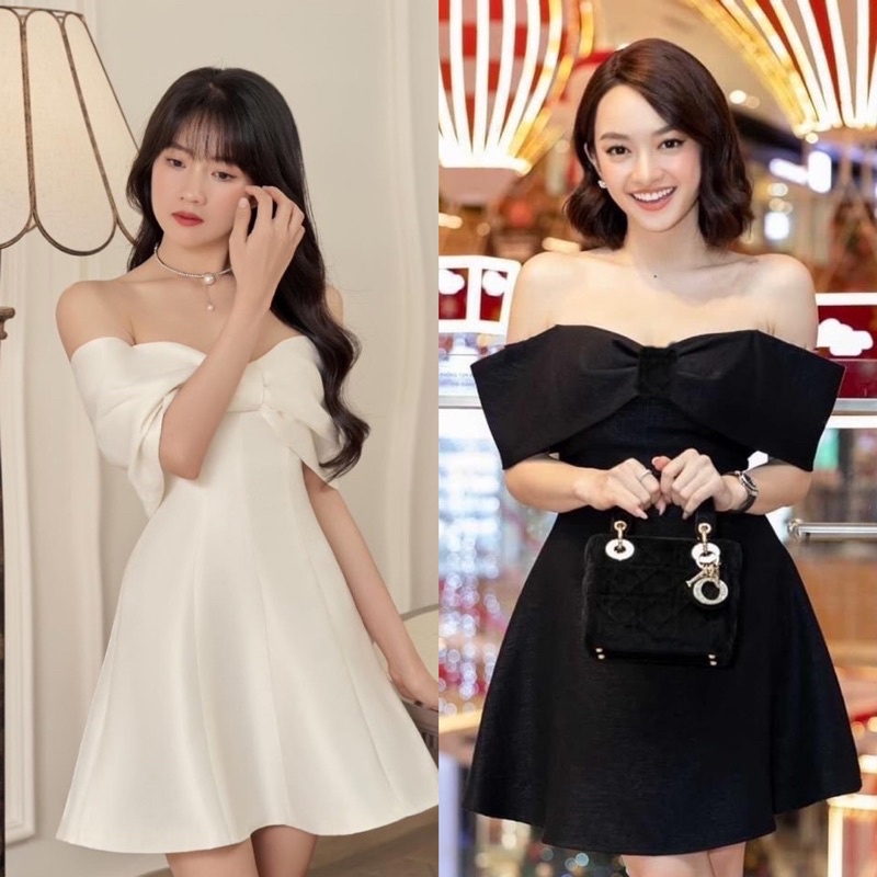 Đầm xoè trễ vai phối nơ ngực