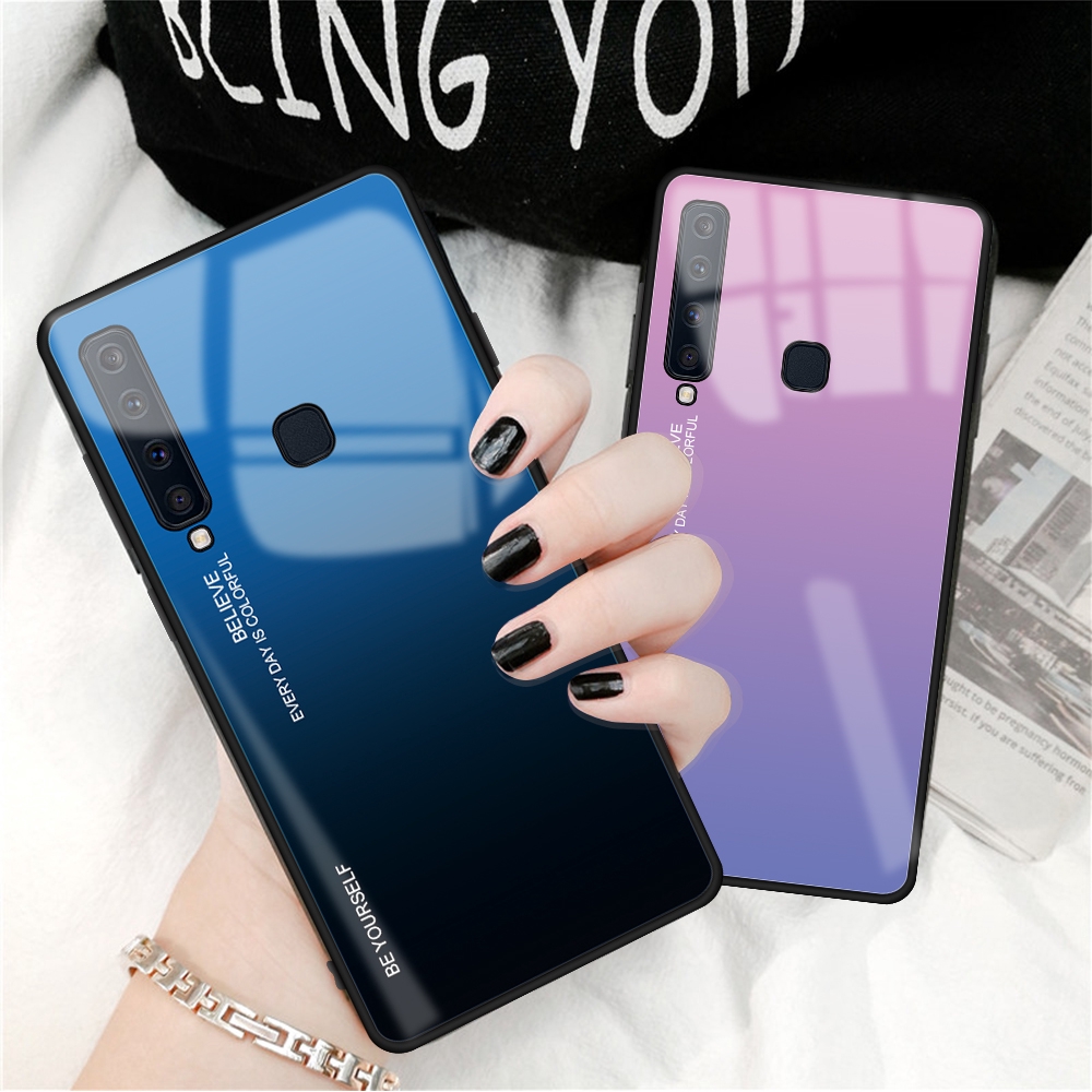 Ốp điện thoại mặt kính cường lực màu loang đẹp mắt cho Samsung Galaxy A9 A7 2018