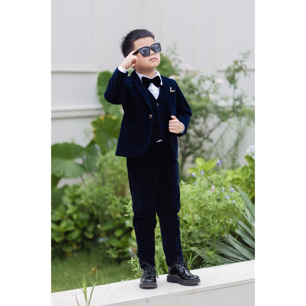 Set vest nhung xanh navy cho công tử nhí - Hàng thiết kế cao cấp