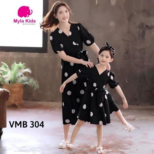 Set đầm đôi mẹ và bé gái họa tiết chấm bi chất liệu voan lụa an toàn cho da bé 1-2-3-4-5-6-7-8-9-10 tuổi Myla Kids