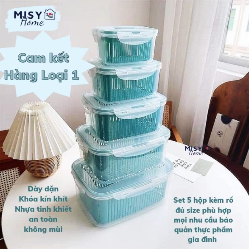 Bộ 5 hộp bảo quản có nắp đậy kèm rổ để tủ lạnh Misy Home bằng nhựa gioăng silicon đựng thực phẩm rau củ hoa quả trái cây
