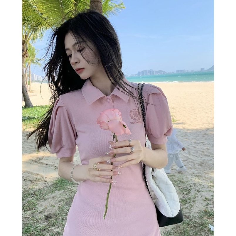 AMOI Đầm Sơ Mi Tay Ngắn Phồng Cổ Polo Ôm Eo Thời Trang 2022 Cho Nữ