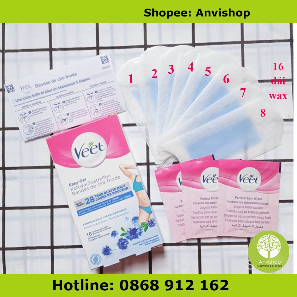 [Mã COS2704 giảm 8% đơn 250K] Miếng wax veet Tẩy lông nách, tẩy lông Bikini VEET Wax Strips 16 Da Nhạy Cảm Veet Anvishop | BigBuy360 - bigbuy360.vn