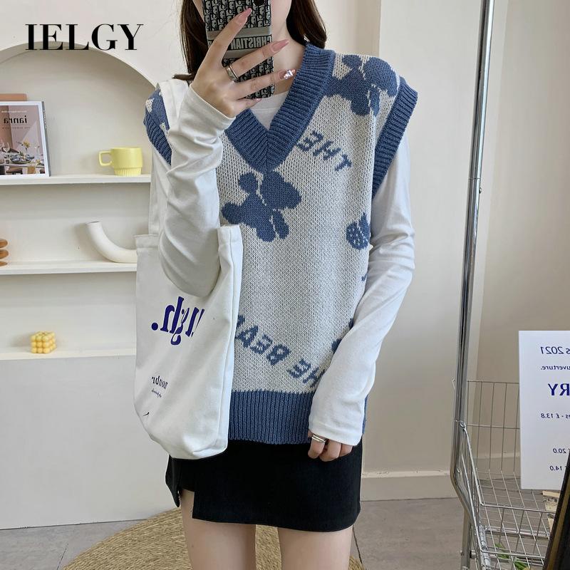 IELGY  Áo sweater Dệt Kim Không Tay Dáng Rộng In Hình Gấu Dễ Thương Cho Nữ