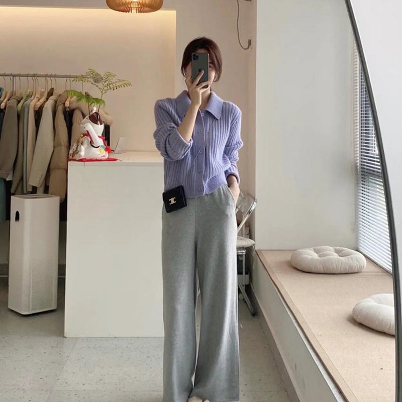 Áo Cardigan Len Cổ Polo Peter Pan Dáng Ngắn Ôm Kẻ Sọc Dọc Màu Tím Khoai Môn Nhẹ Nhàng Cho Nữ