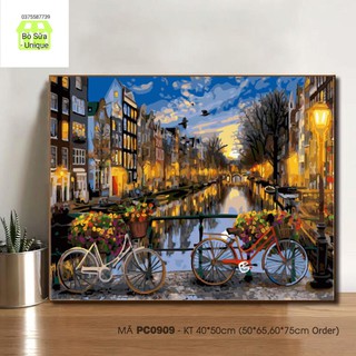 Tranh sơn dầu số hóa tự tô màu - DIY painting by numbers -  Tranh xe đạp đôi [có khung sẵn 40*50cm]