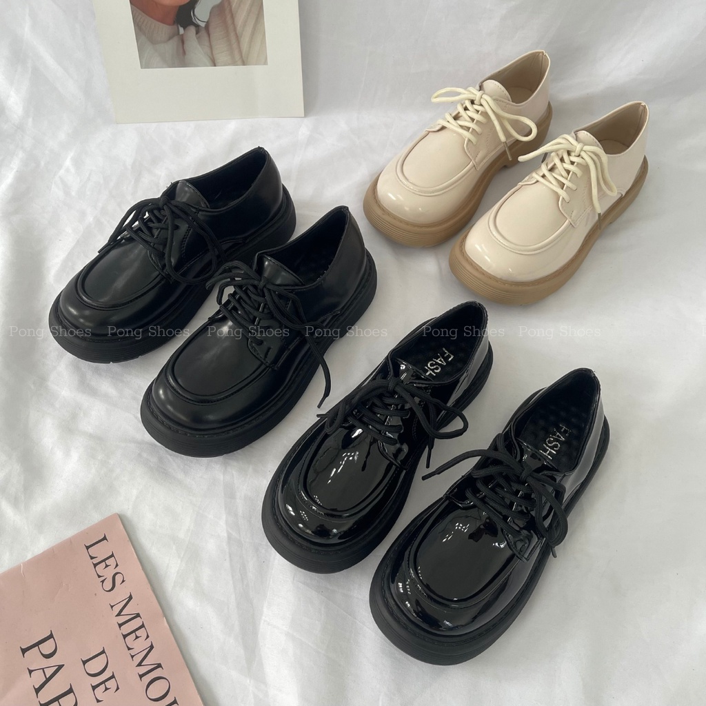 Giày Oxford phong cách Ulzzangs màu đen mờ đen bóng be FULL HỘP-Mã 1458 #2