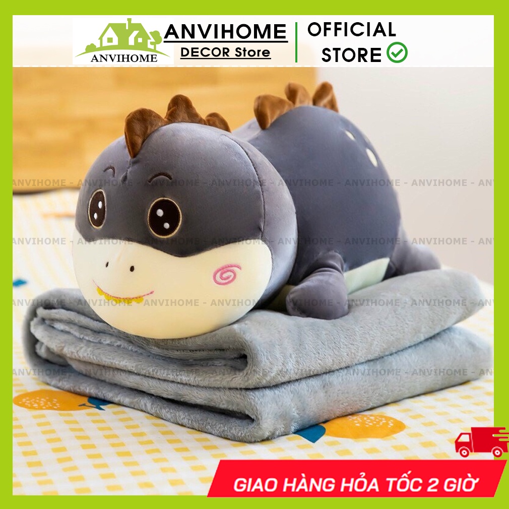Bộ chăn gối văn phòng gấu bông có mền hình Khủng Long có chăn, gấu bông hình khủng long xanh ANVIHOME