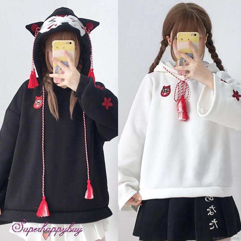 Áo hoodie họa tiết tai mèo phong cách Nhật Bản đáng yêu