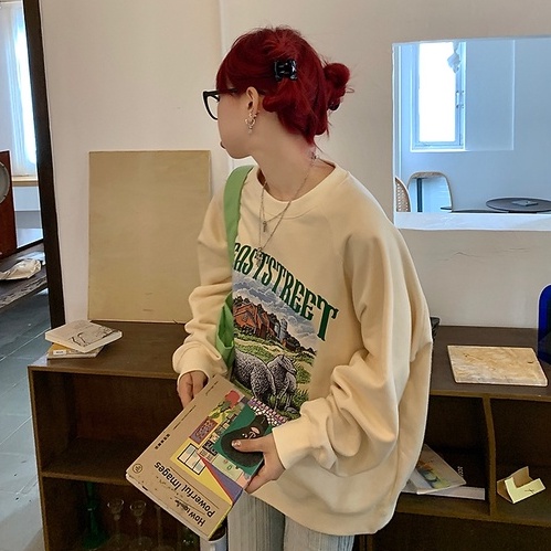 ZHELIHANGFEI Áo Nỉ Cổ Tròn Dáng Rộng In Hình Cừu Phong Cách Retro Dễ Phối Đồ