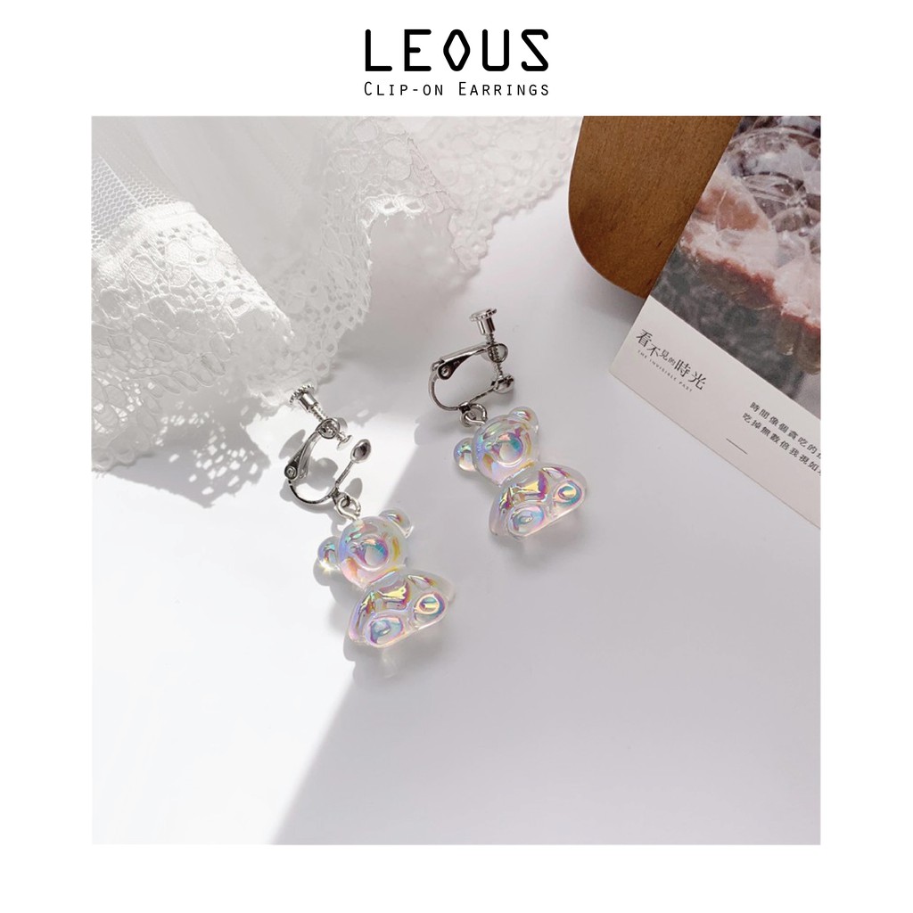 Khuyên tai kẹp không bấm lỗ chốt điều chỉnh K064 bằng hợp kim mạ bạc hình con gấu dáng midi Leous Accessories