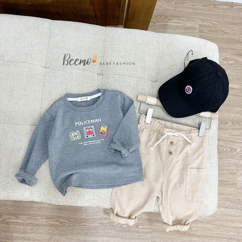 Áo cotton  dài tay in chữ policeman cho bé trai,bé gái