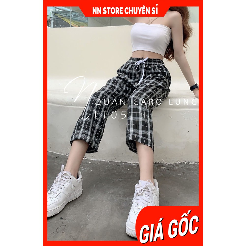 QUẦN BAGGY CARO LƯNG THUN LT05  ⚡ẢNH THẬT⚡ QUẦN LỬNG NỮ ⚡ QUẦN KAKI 9 TẤC CB