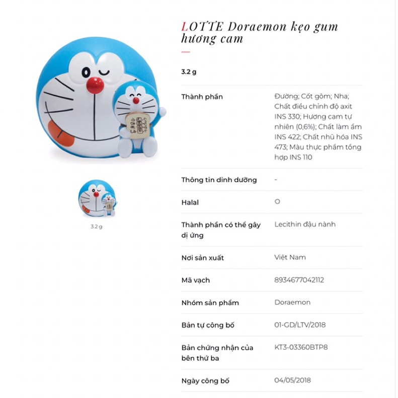 Kẹo gum hương cam Lotte Doraemon 3,2g