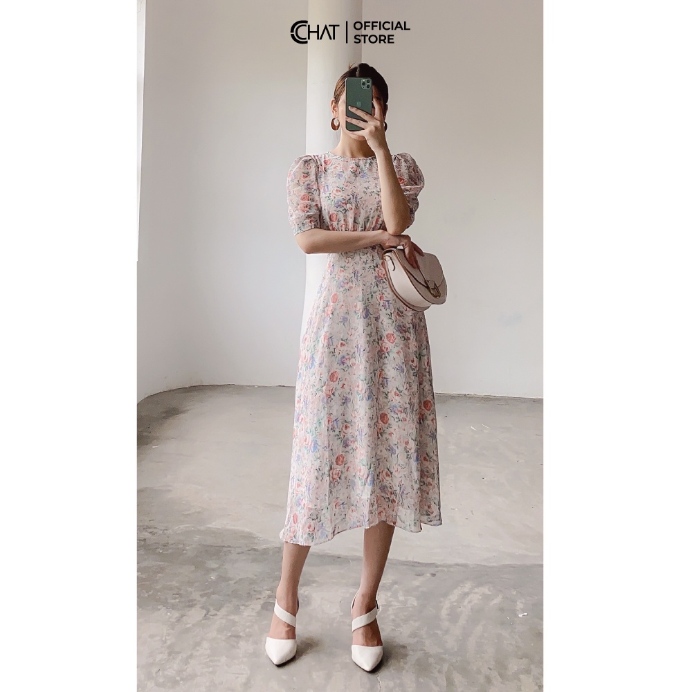 Váy nữ tay lỡ nhún cổ tròn CCHAT | BigBuy360 - bigbuy360.vn