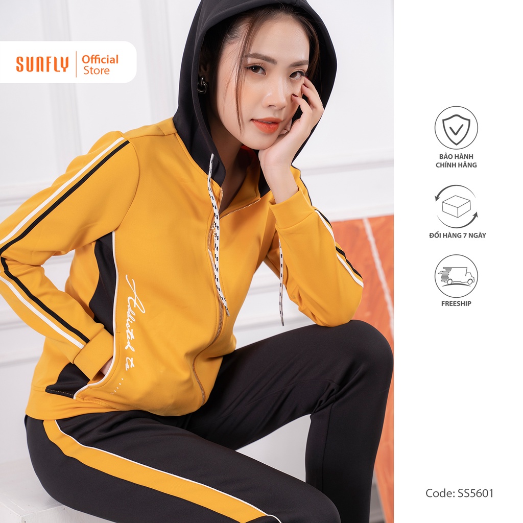 Bộ thể thao poly 2 da kéo khóa có mũ áo dài, quần dài SUNFLY SS5601