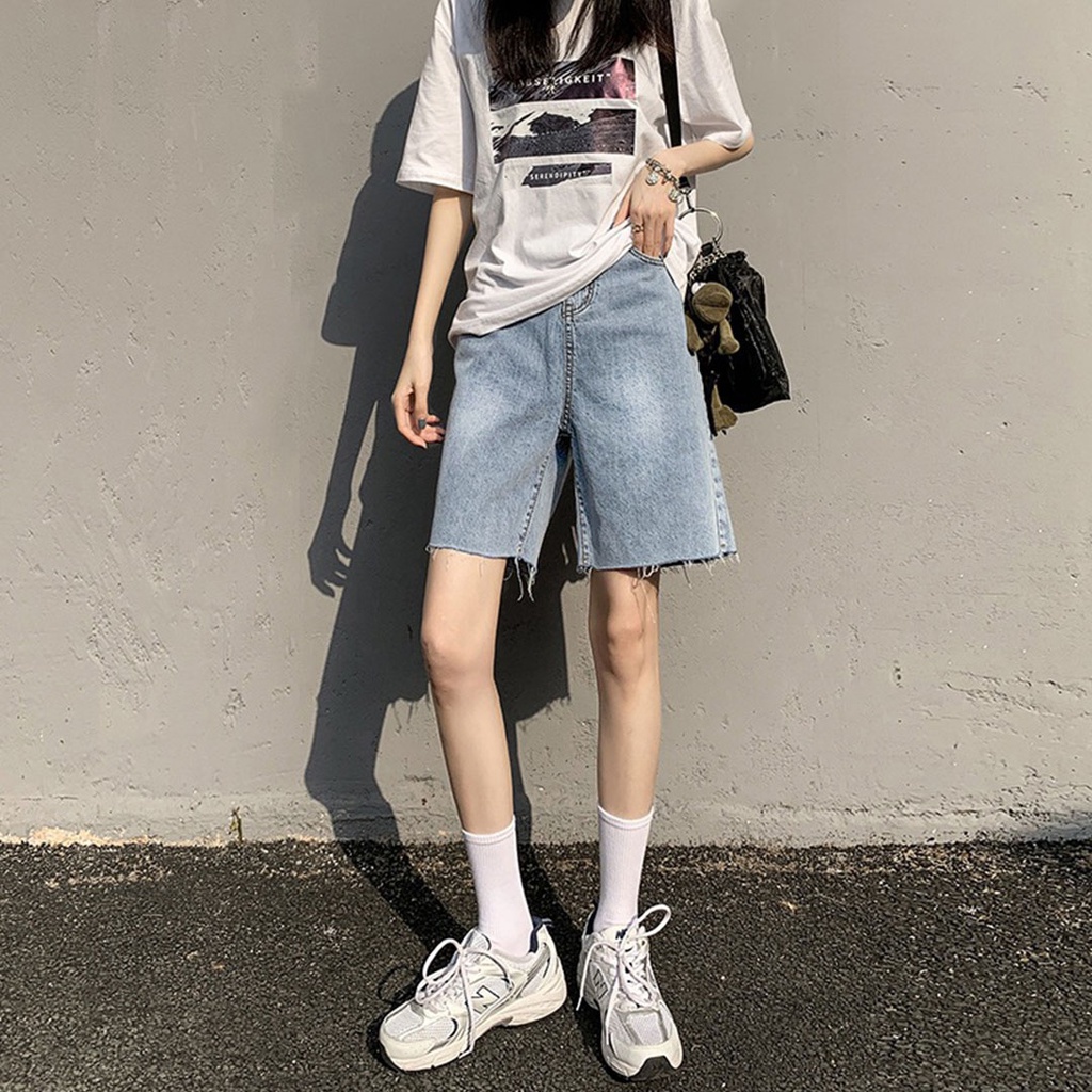 Quần short jean nữ ống rộng màu xanh nhạt rách 01 Pon.mens