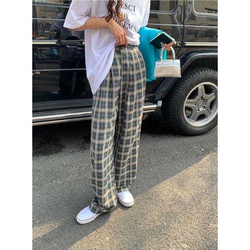 Quần ống rộng Họa Tiết Sọc Caro Thời Trang Phong Cách Retro Cho Nữ