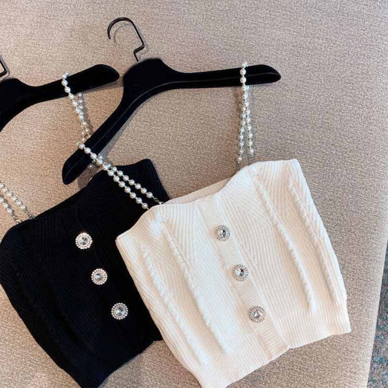 Áo Croptop Dệt Kim Không Tay Dáng Ôm Đính Đá Ngọc Trai Phối Dây Xích Thời Trang Sang Trọng Cho Nữ
