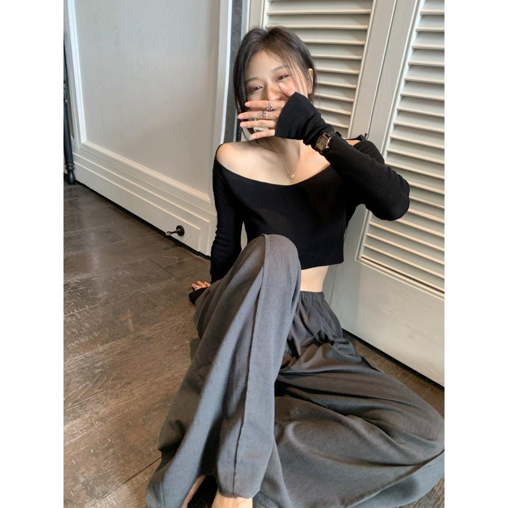 Áo Thun Tay Dài Lệch Vai Dáng Ôm / Eo Thun Vải Lanh Ống Rộng Thời Trang 54065