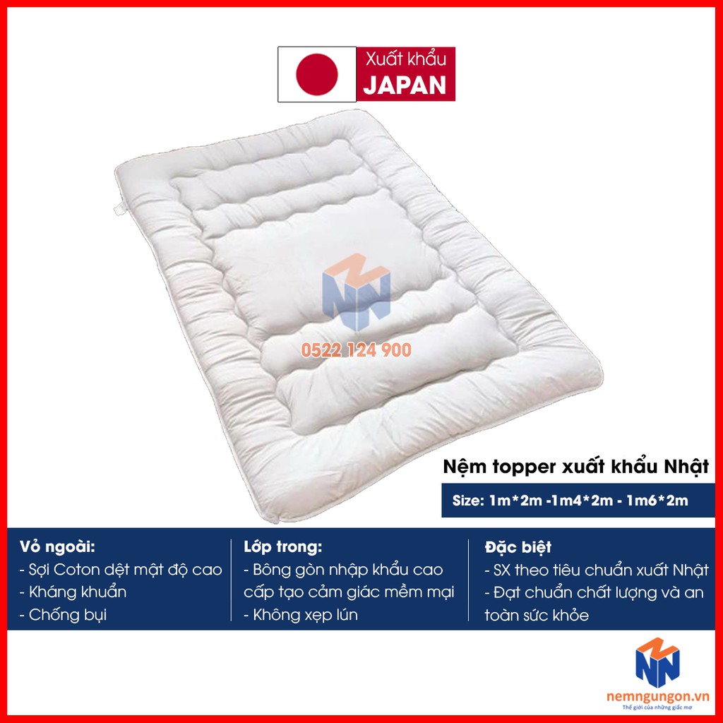 Nệm Bông xuất Nhật cao cấp Topper nệm kích thước 1m x 2m, 1m4 x 2m, 1m6 x 2m